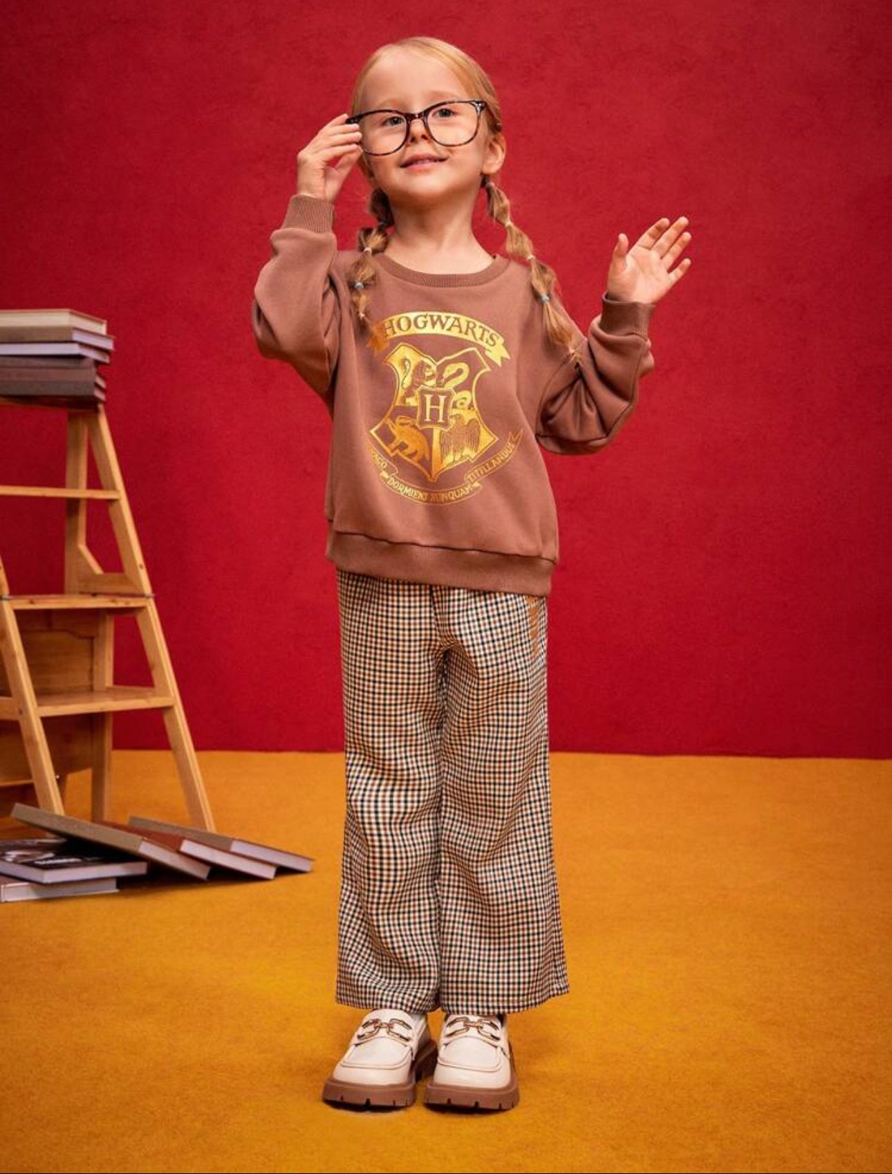 HARRY POTTER Young Girl Set, Includes Foil Hot Stamping Badge Logo Round Neck Knit Sweatshirt And Plaid Baggy Bell Bottoms, 2 Pieces Outfit, Preppy Style