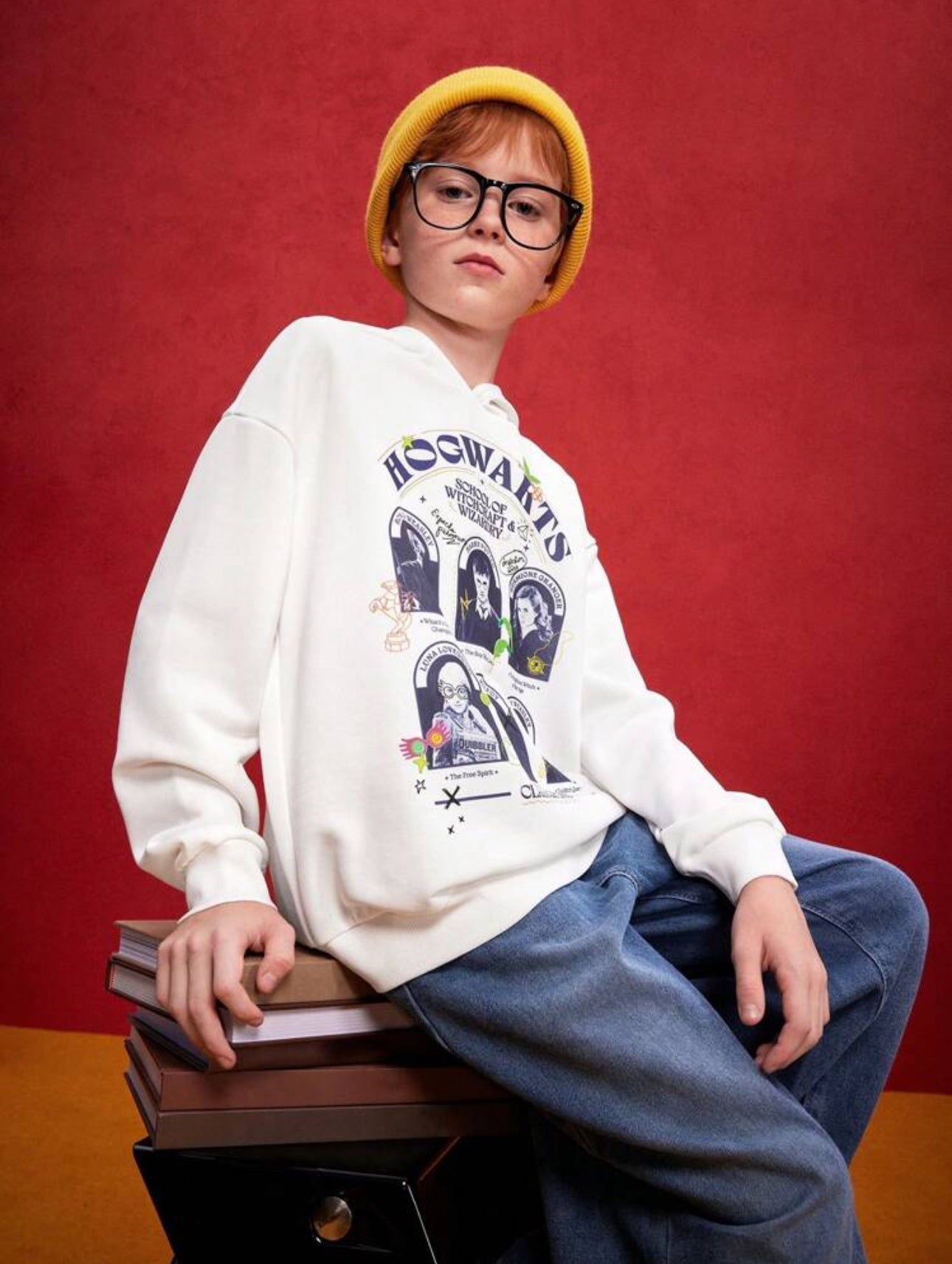 HARRY POTTER Tween Boy Vintage Campus Wizardry Hogwarts Portrait Silhouette Print Hooded Dropped Shoulder Loose Fit Sweatshirt