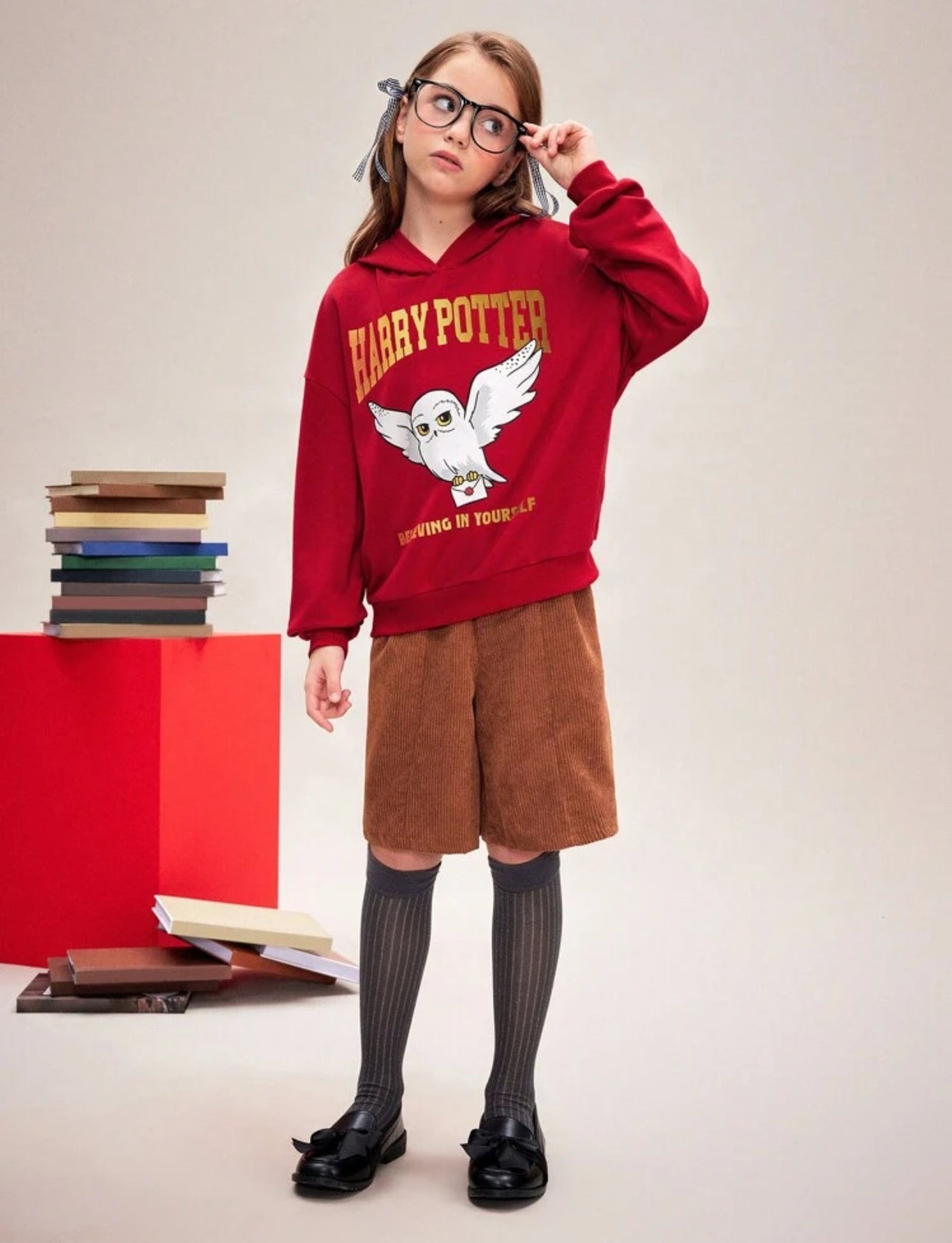 HARRY POTTER Tween Girl Cartoon Owl & Letter Print Red Casual Versatile Hoodie Sweatshirt