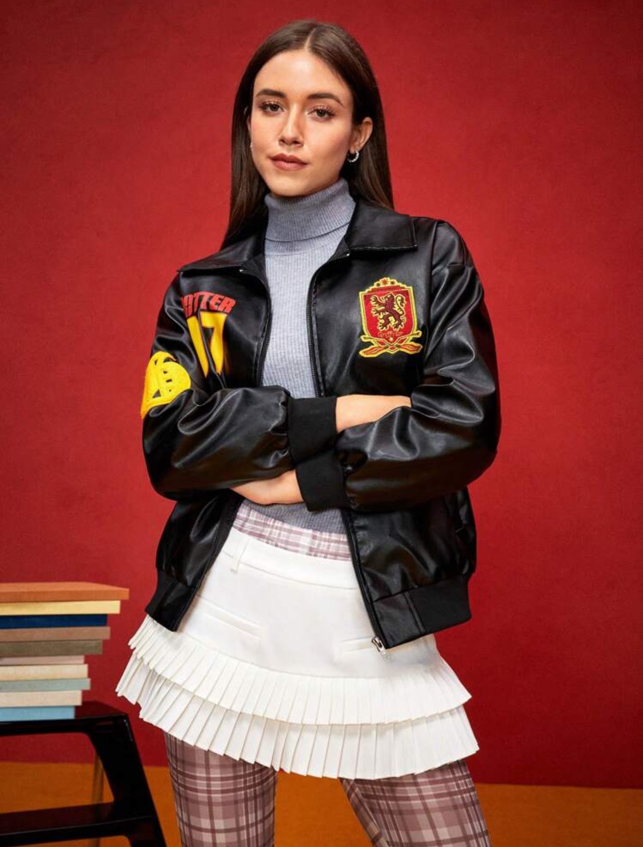 HARRY POTTER Women Casual Lion Badge & Numeric Print Drop Shoulder Loose Zip-Up Windbreaker Jacket