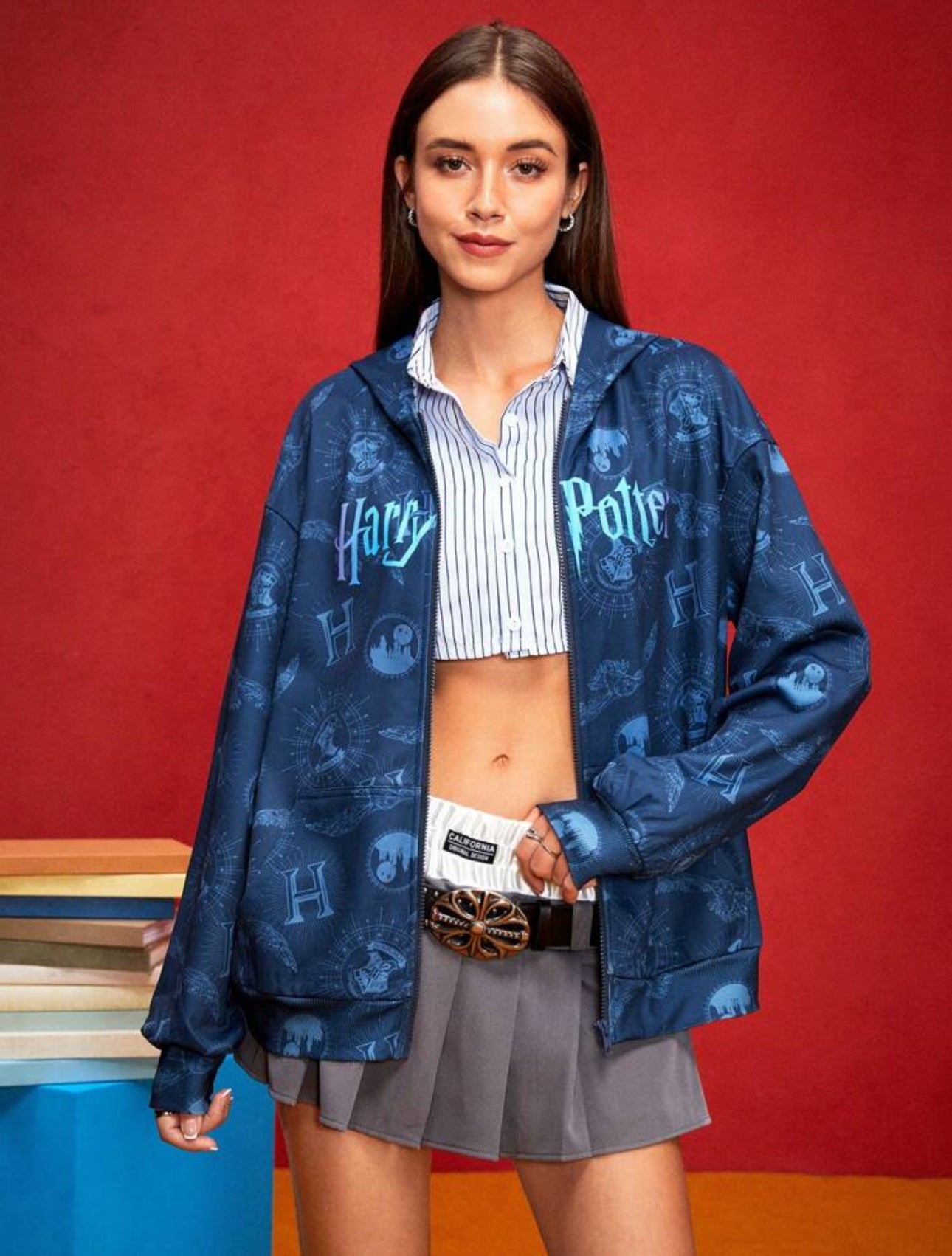 HARRY POTTER Women Preppy Style Hogwarts Badge & Letter Print Graphic Drop Shoulder Oversized Zip Up Hoodie