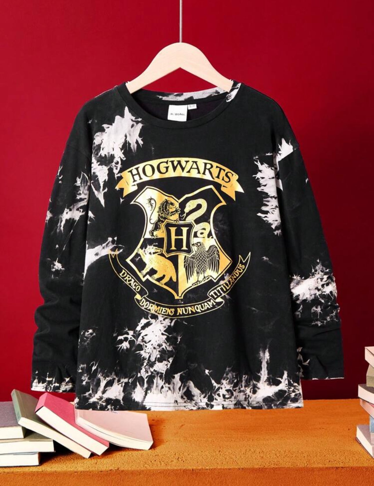 HARRY POTTER Tween Boy Badge & Letter Foil Print Tie Dye Dropped Shoulder Loose Fit Long Sleeve T-Shirt