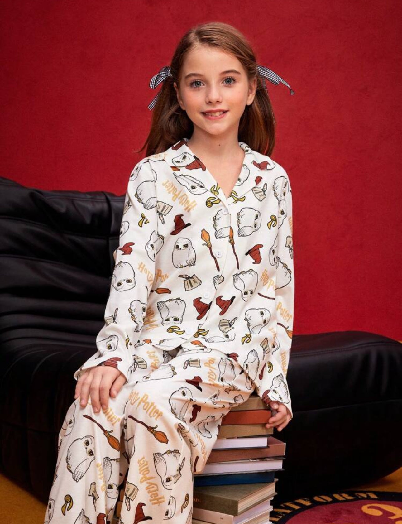 HARRY POTTER Tween Girl Cartoon Wizardry Owl Hedwig All Over Print Lapel Collar Shirt And Lounge Pants