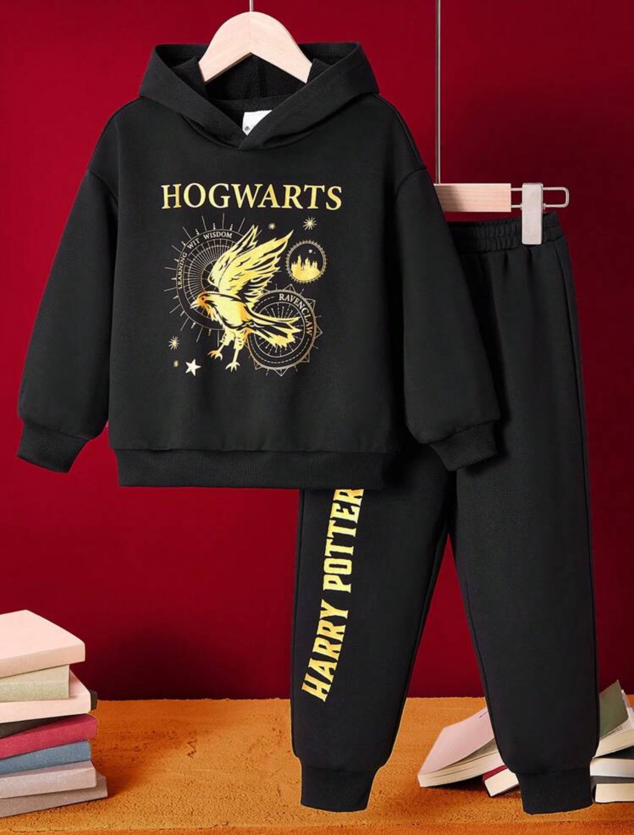 HARRY POTTER Young Boy 2pcs Eagle Letter Metallic Look Print Black Casual Hoodie And Joggers Pants Sports Set, Hogwarts
