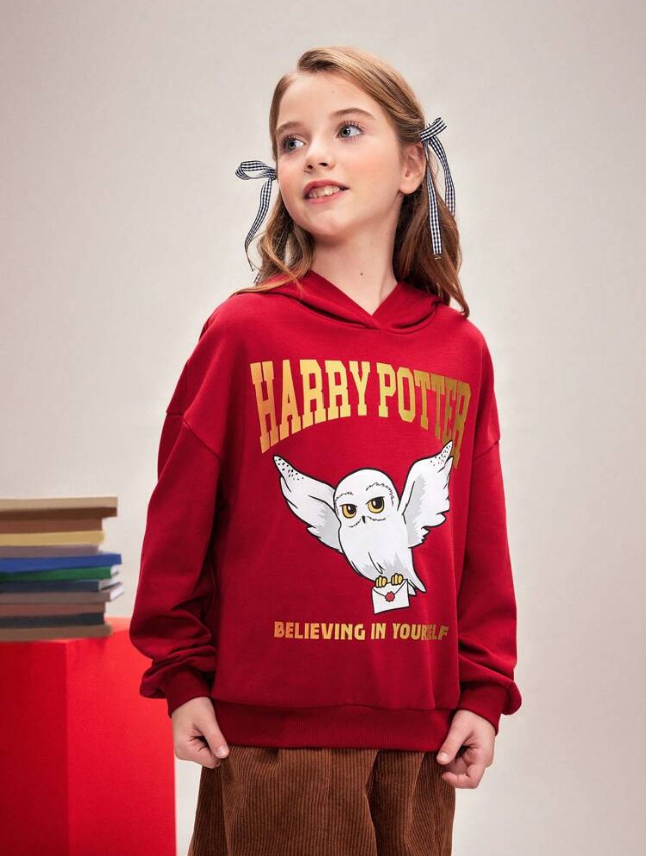 HARRY POTTER Tween Girl Cartoon Owl & Letter Print Red Casual Versatile Hoodie Sweatshirt