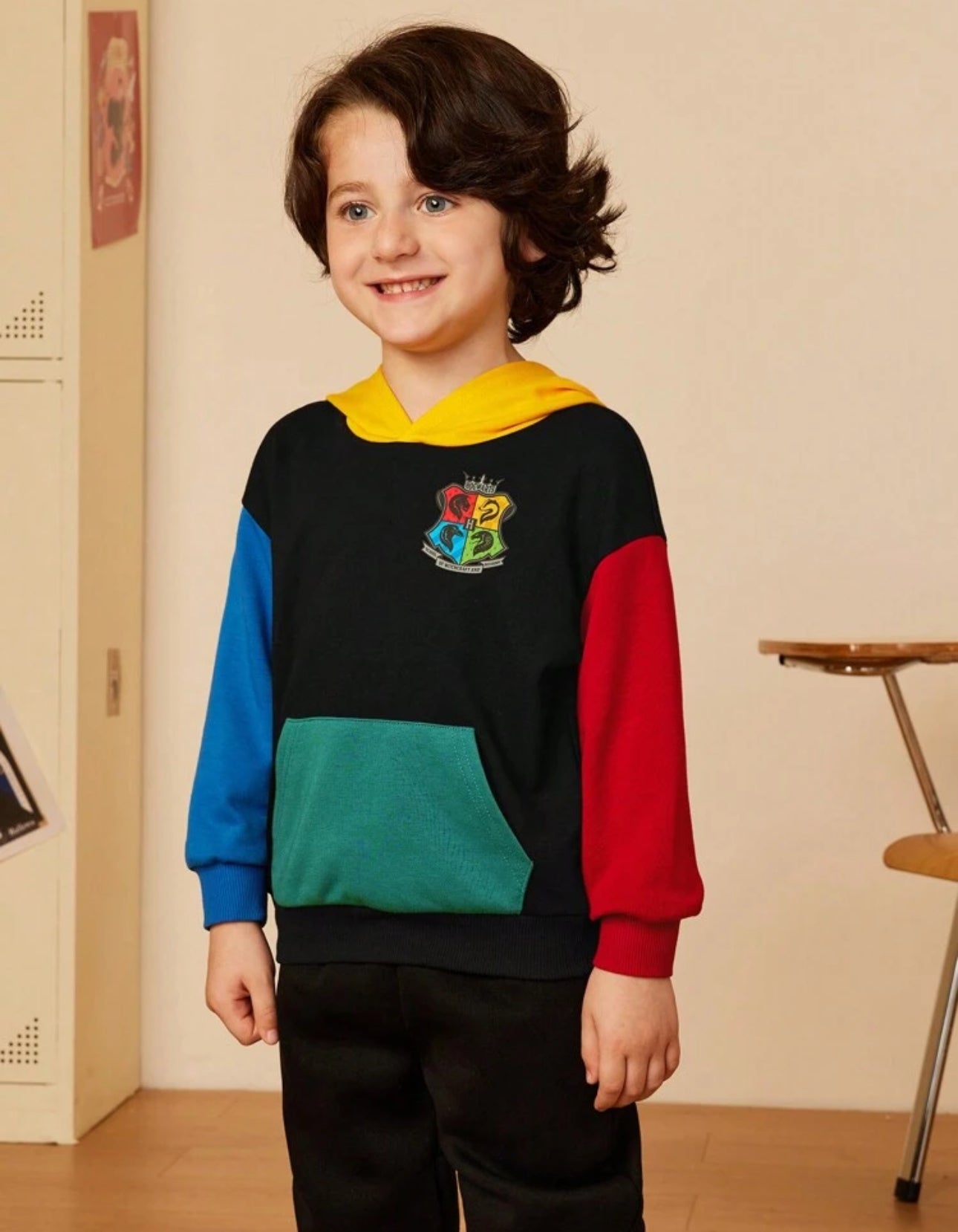 HARRY POTTER Young Boy Hogwarts Badge Print Casual Color Block Hooded Black Sweatshirt