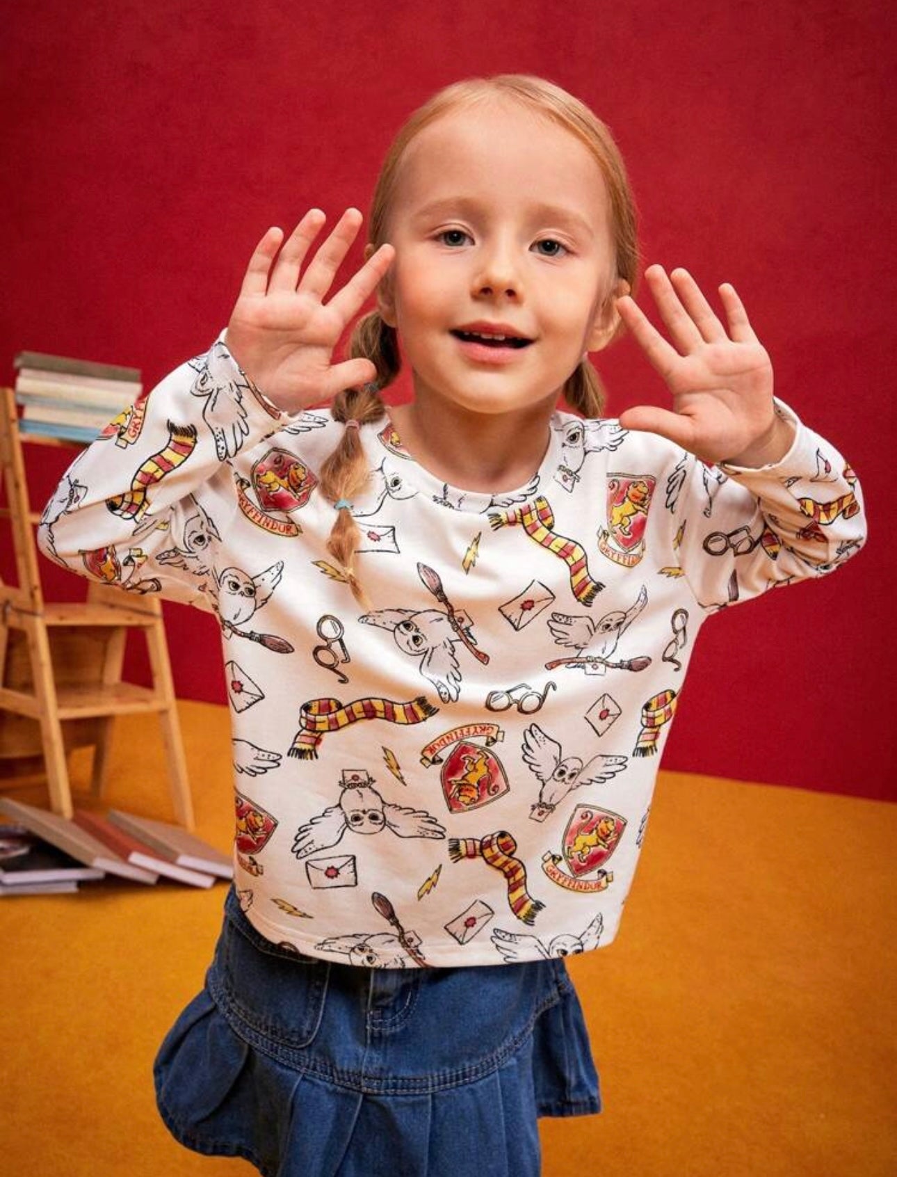 HARRY POTTER X Young Girl 2pcs/Set Cartoon Cat Owl Lion Badge Print Cute White Long Sleeve T-Shirt And Burgundy Casual Versatile Long Sleeve T-Shirt,