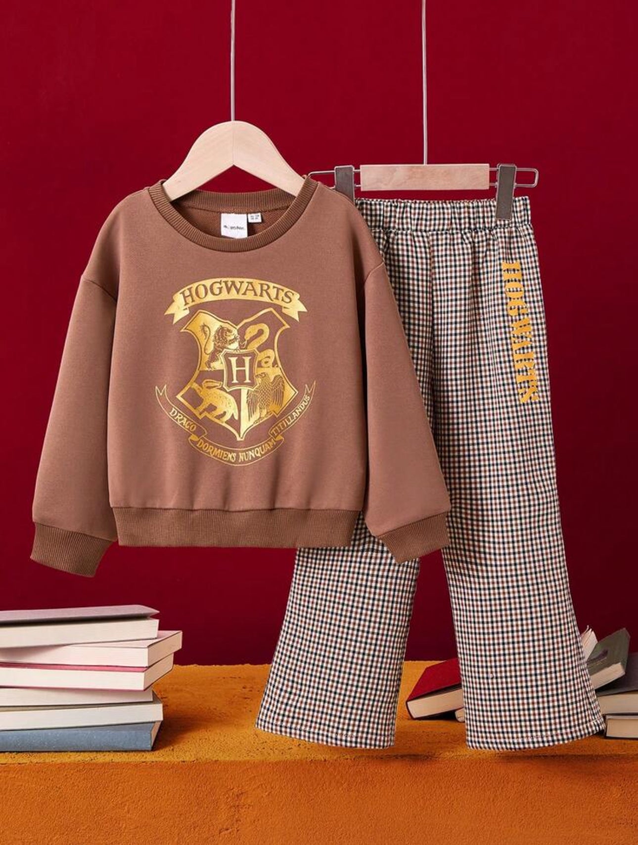HARRY POTTER Young Girl Set, Includes Foil Hot Stamping Badge Logo Round Neck Knit Sweatshirt And Plaid Baggy Bell Bottoms, 2 Pieces Outfit, Preppy Style