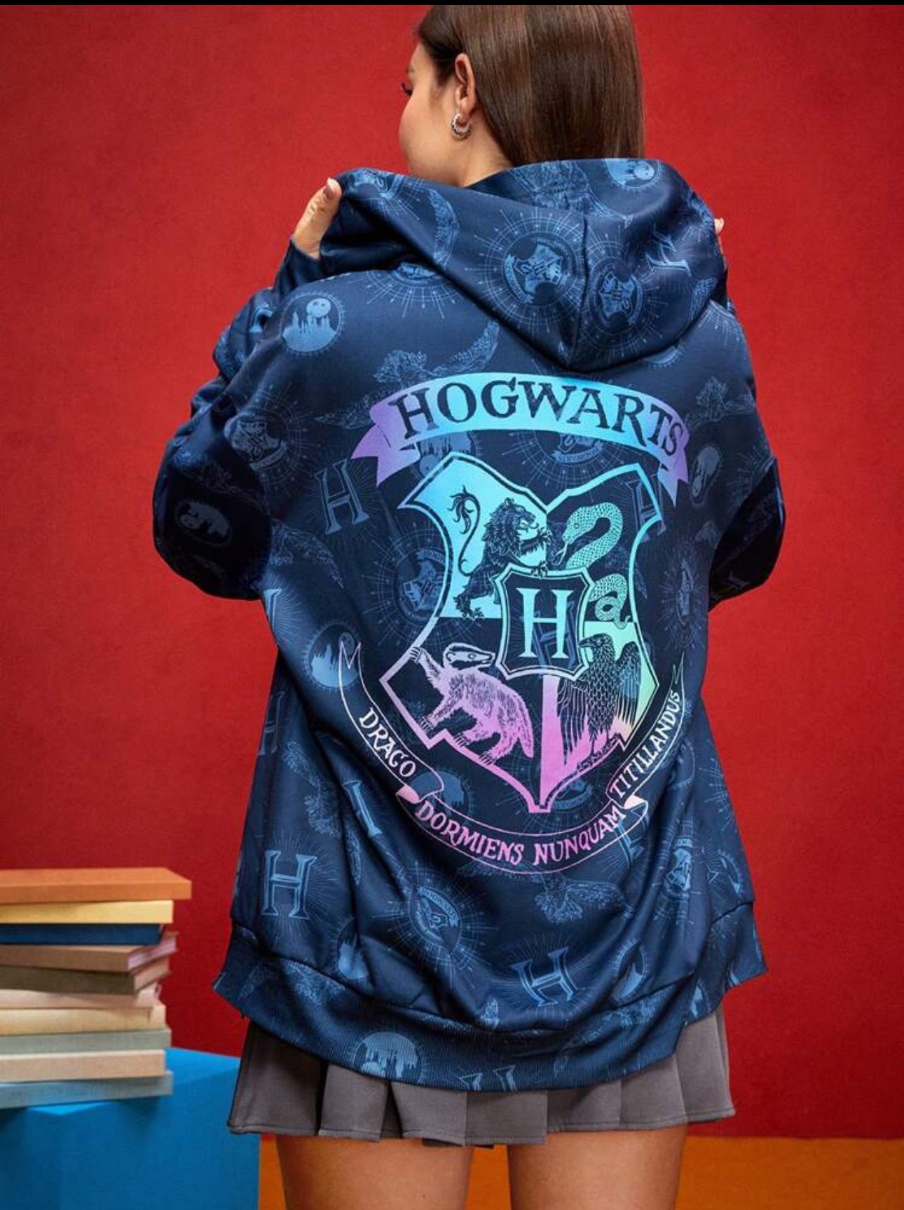 HARRY POTTER Women Preppy Style Hogwarts Badge & Letter Print Graphic Drop Shoulder Oversized Zip Up Hoodie