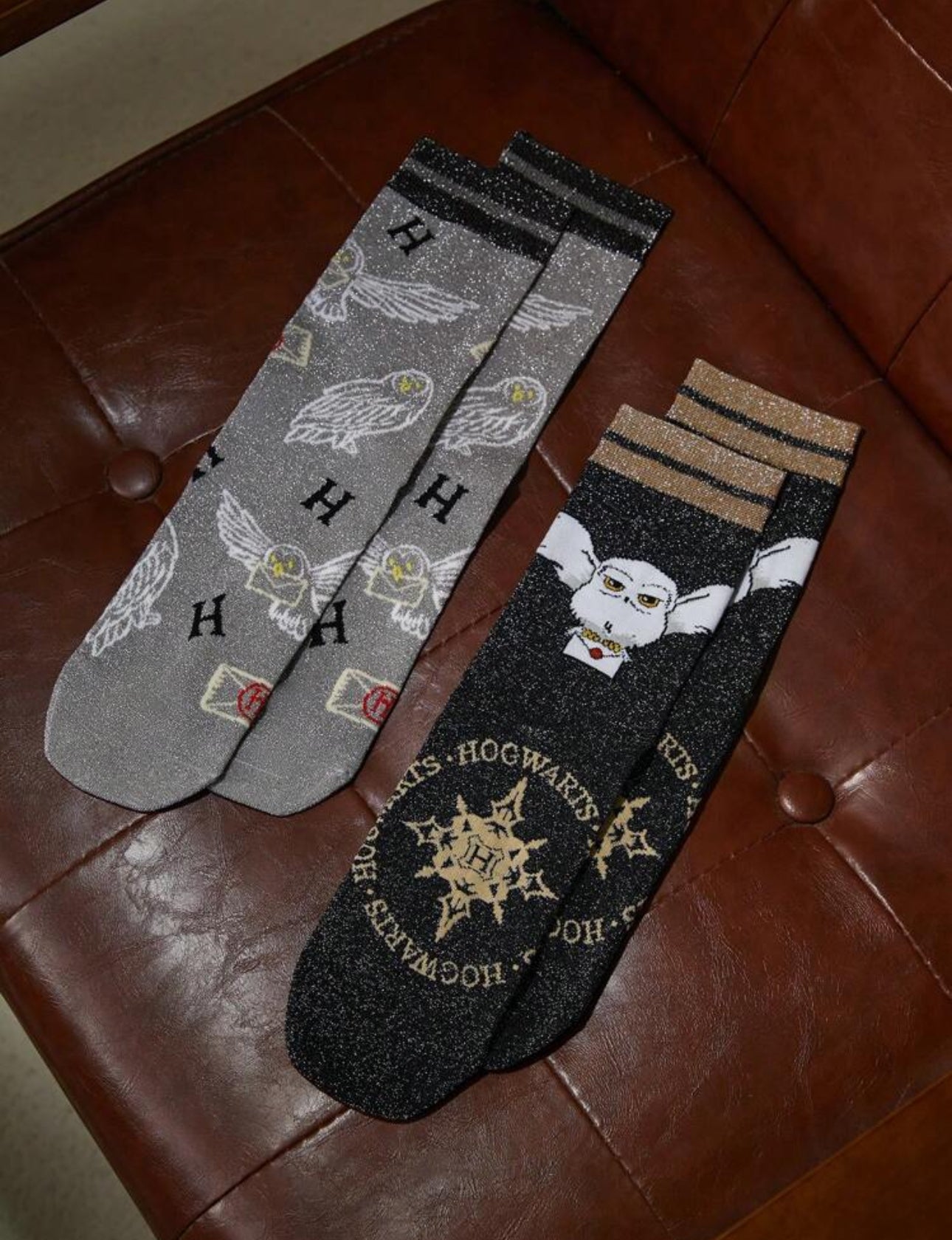 HARRY POTTER Women's 2 Pairs Hedwig Pattern Silver Lurex Mid-Calf Socks
