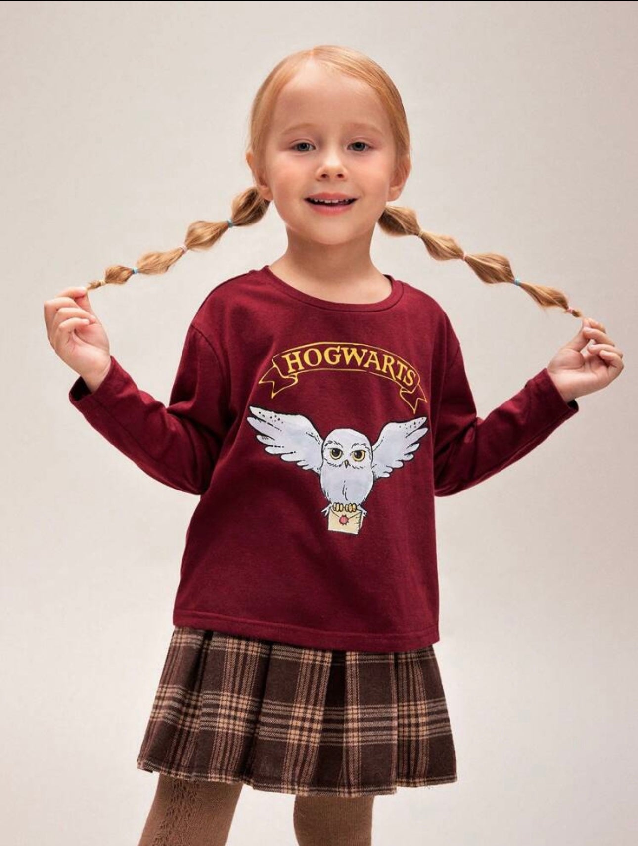 HARRY POTTER X Young Girl 2pcs/Set Cartoon Cat Owl Lion Badge Print Cute White Long Sleeve T-Shirt And Burgundy Casual Versatile Long Sleeve T-Shirt,