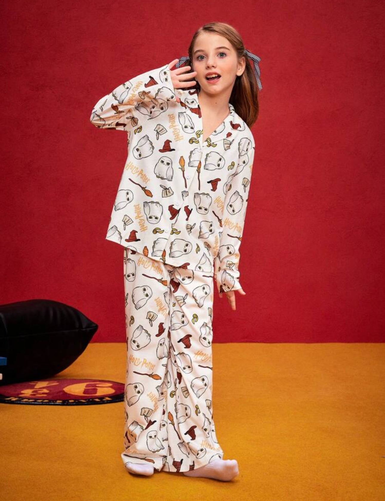 HARRY POTTER Tween Girl Cartoon Wizardry Owl Hedwig All Over Print Lapel Collar Shirt And Lounge Pants