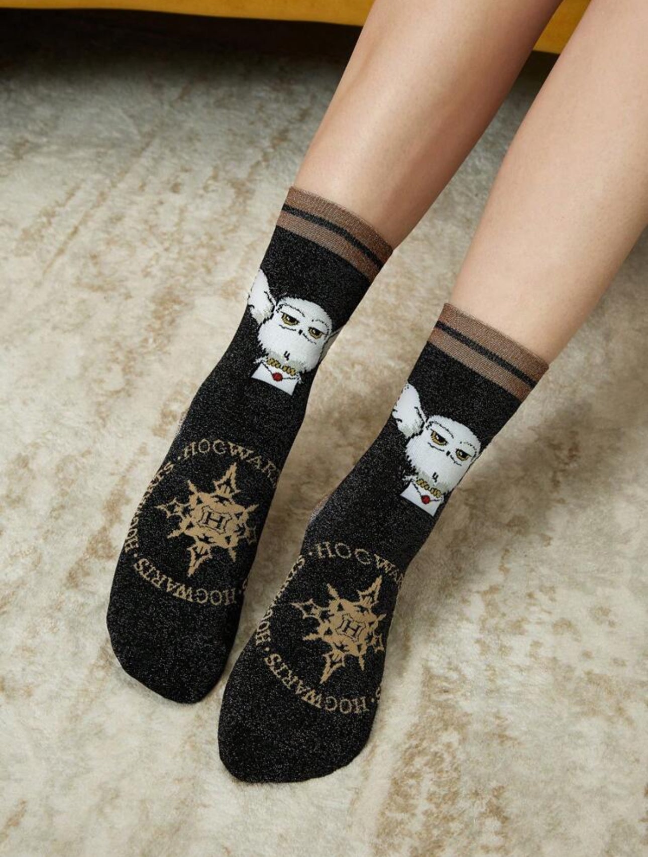 HARRY POTTER Women's 2 Pairs Hedwig Pattern Silver Lurex Mid-Calf Socks