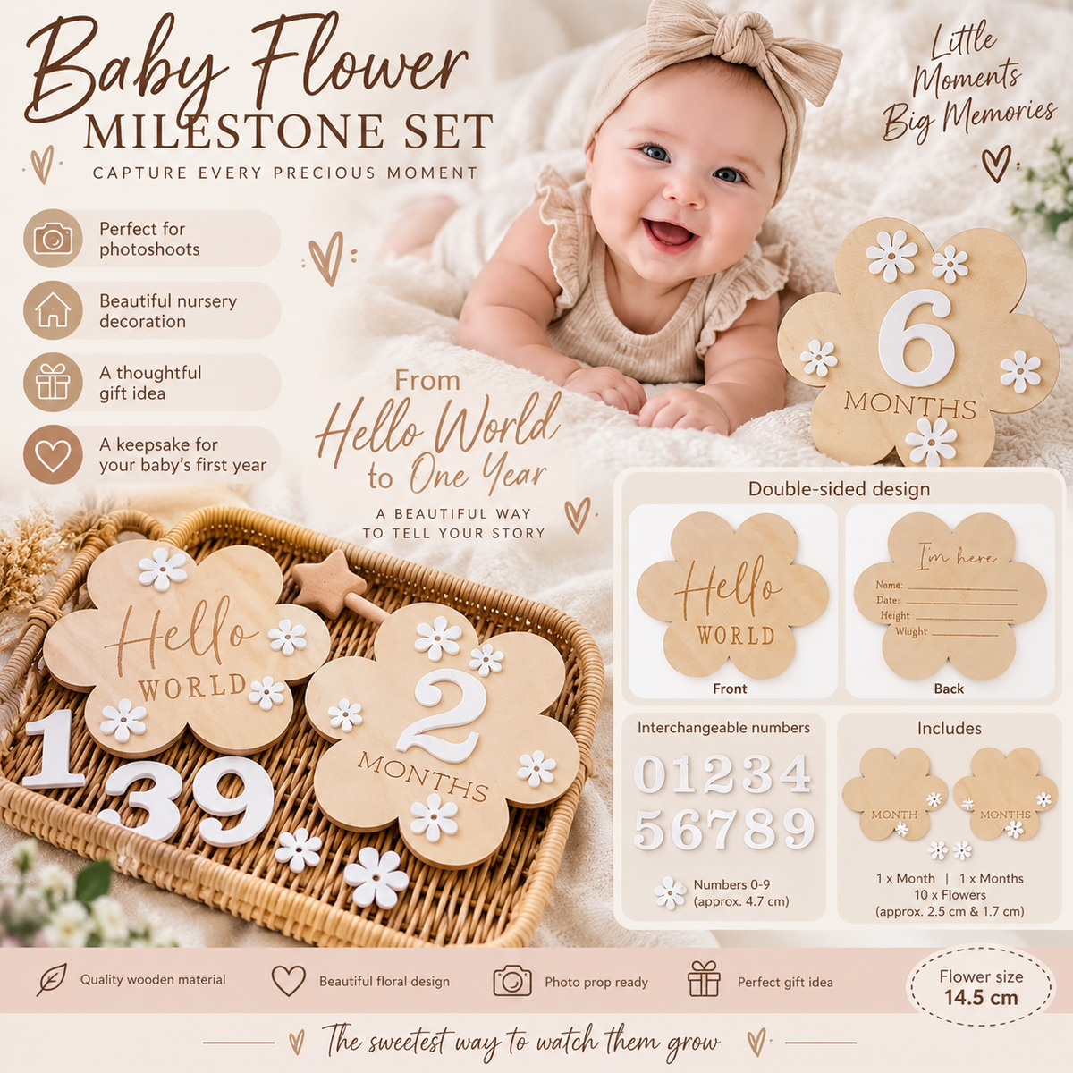 Newborn Baby Monthly Milestone Wooden Flower Plaque For 1-12 Months Birthday Photography Props Baby Shower Gifts
