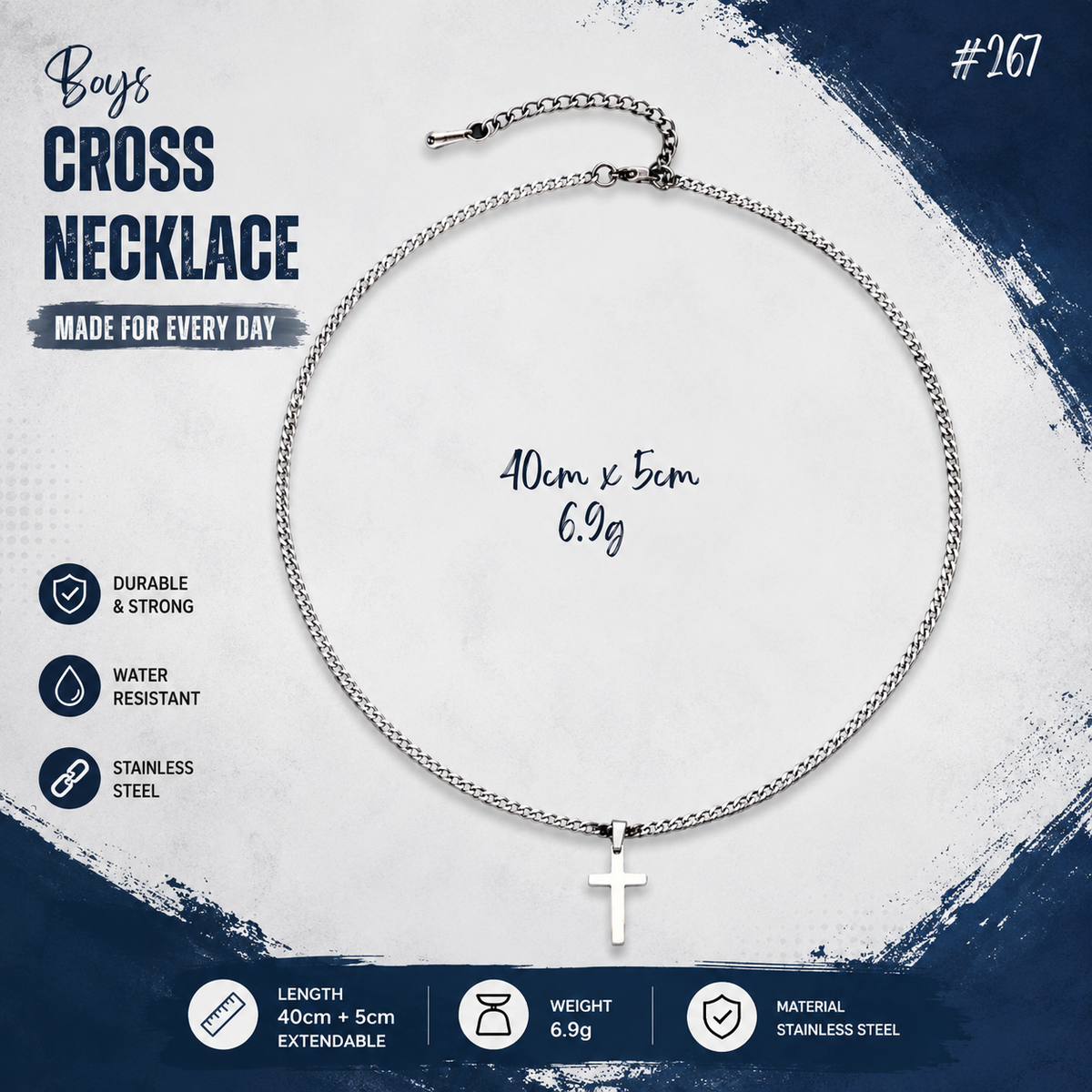 Boy's Cross Necklace Religious Stainless Steel