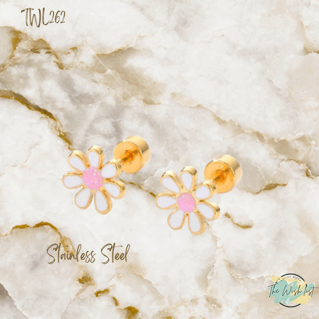 Flower Decor Stud Earrings - Stainless Steel