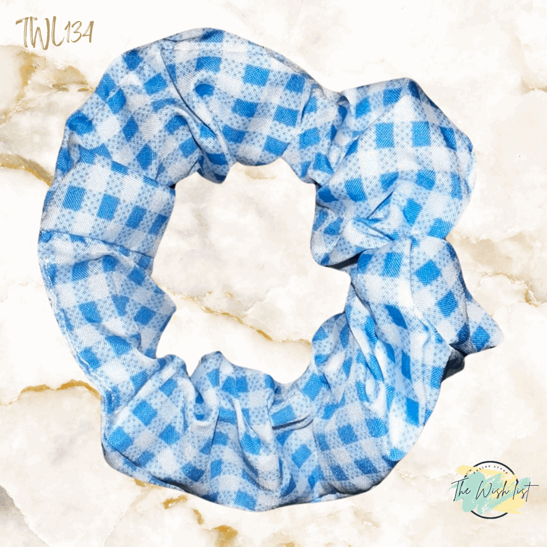 Blue and White Plaid & Floral Pattern Scrunchies