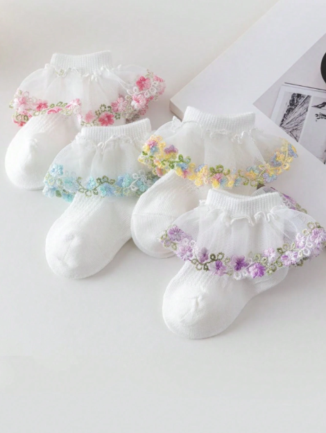 4 Pairs Baby/Girls Breathable Mesh Embroidered Vine Floral Lace Trim Socks, Cute French Country Princess Style