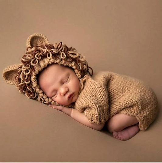 1 Set Newborn Photography Costume, Crochet Knitted Lion Animal Style Romper With Hat Baby Outfit