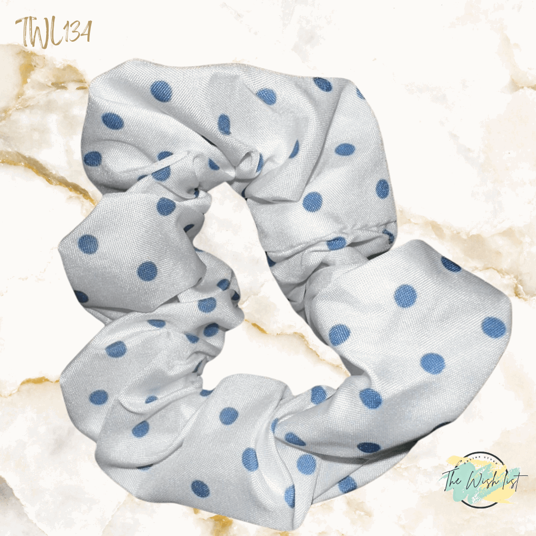 Blue and White Plaid & Floral Pattern Scrunchies