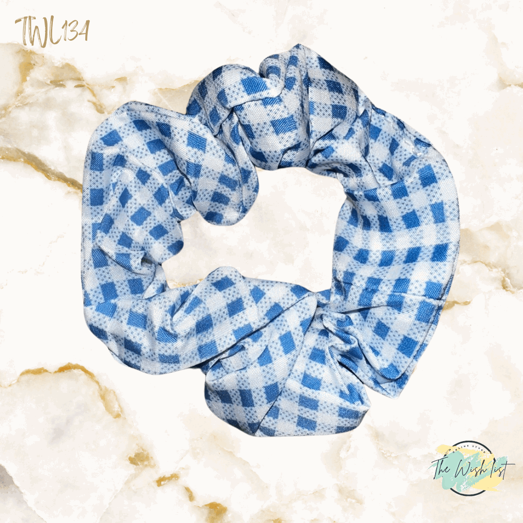 Blue and White Plaid & Floral Pattern Scrunchies