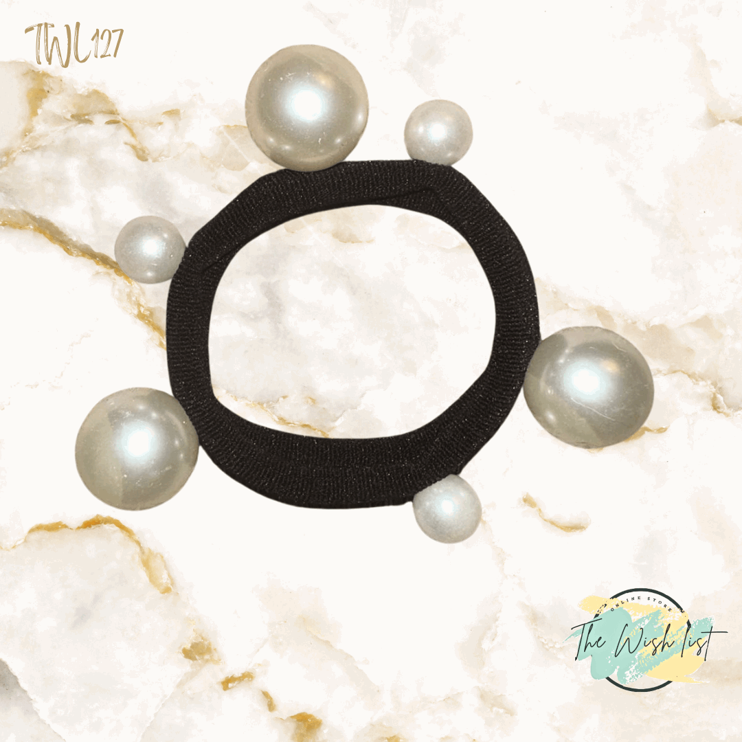 2Pcs / 3Pcs Simplicity Pearl Beaded Hair Ties, Black, With 2.24'' Premium Pu Ladder, Elastic & Durable, Adult Hair Accessories