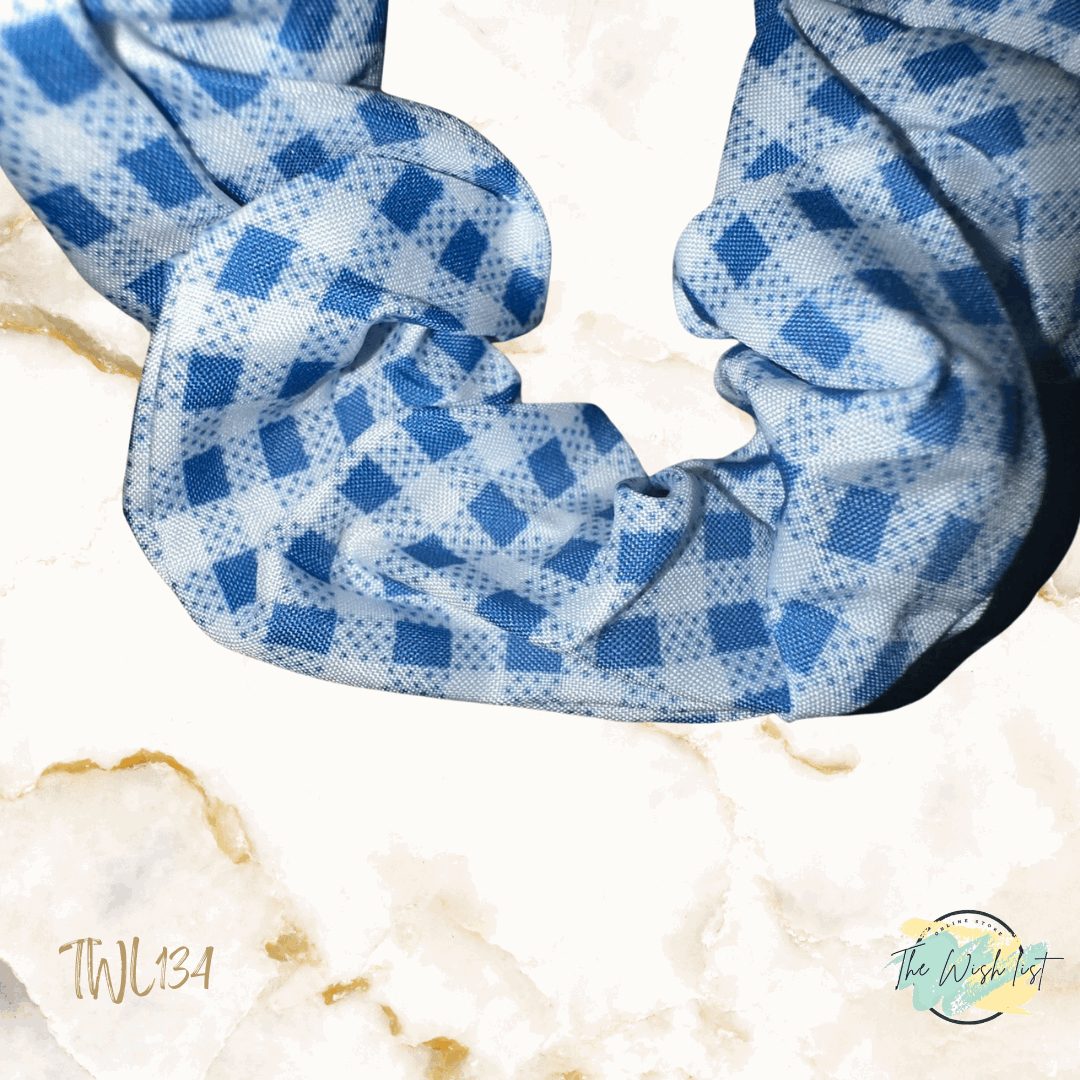 Blue and White Plaid & Floral Pattern Scrunchies