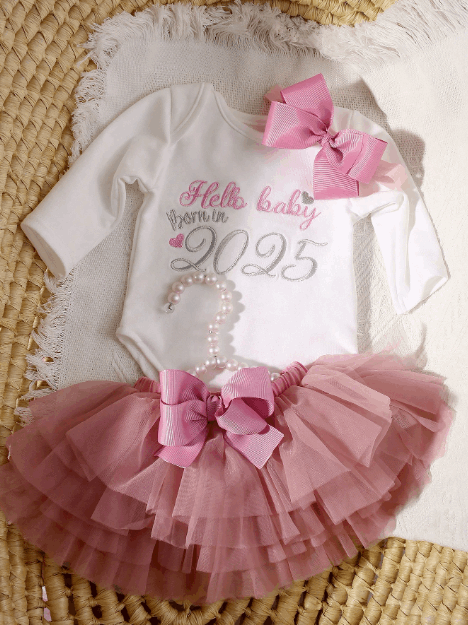 Newborn Girl Photography Props Baby Girl Coming Home Outfit , Baby Girl Romper Props With TUTU Skirt And Bow Headband set