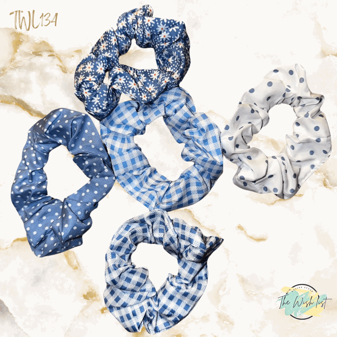 Blue and White Plaid & Floral Pattern Scrunchies