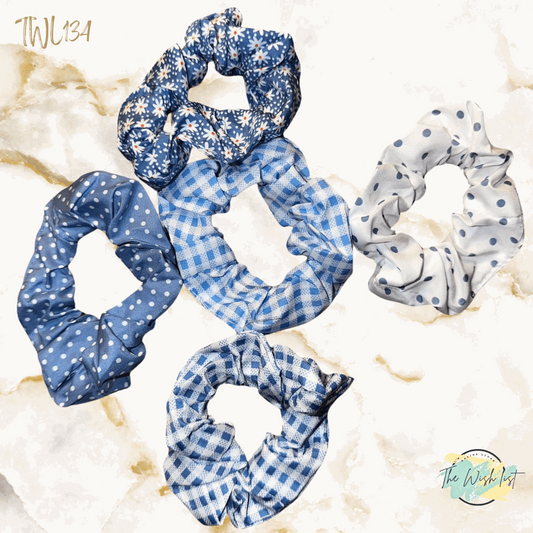 Blue and White Plaid & Floral Pattern Scrunchies
