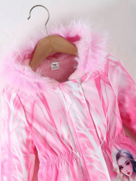 Hooded Fleece Shoulder Waist Cinch Long Sleeve Jacket -Pink