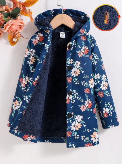 Young Girl Floral Print Teddy Lined Hooded Coat