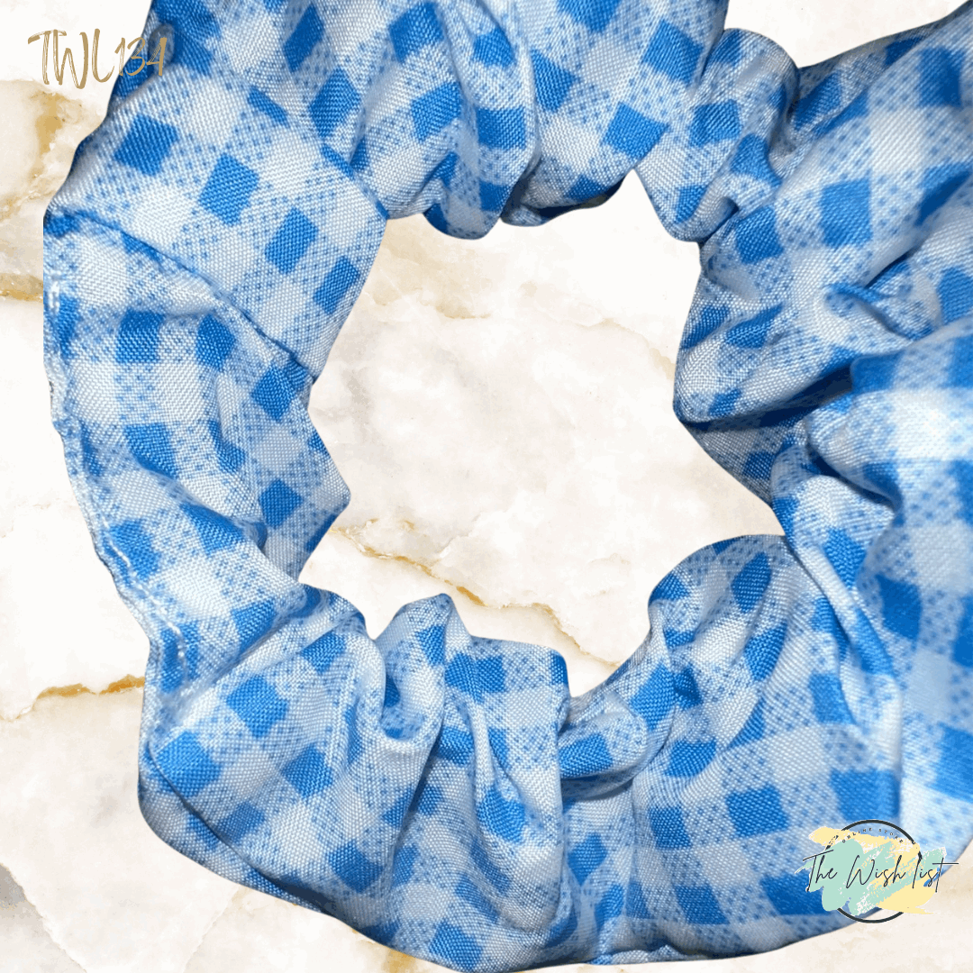 Blue and White Plaid & Floral Pattern Scrunchies