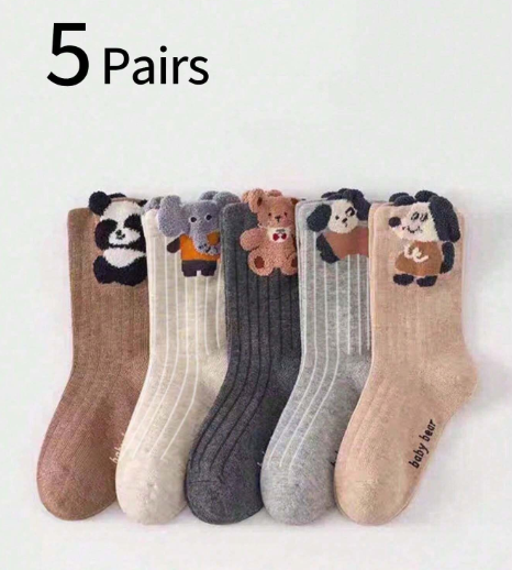 5 Pairs  Cartoon Animal Ear Striped Socks, Cute Mid-Calf Socks For Boys And Girls