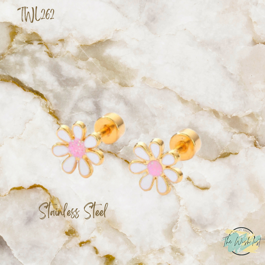 Flower Decor Stud Earrings - Stainless Steel