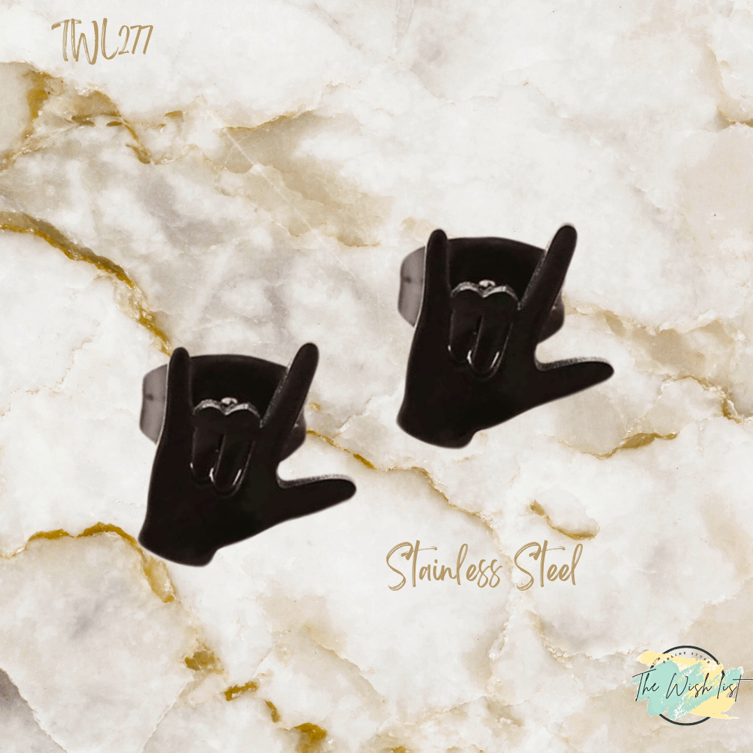Stainless Steel Hand Gesture Shaped Stud Earrings - Black