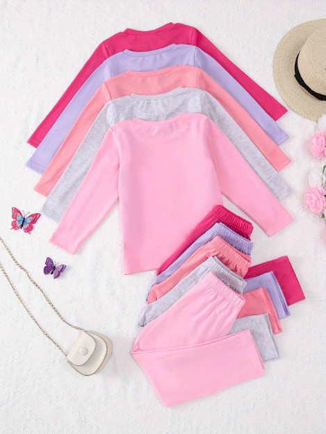 10pcs/Set Young Girl Casual Solid Color Lightweight Soft Knit Fabric Long Sleeve T-Shirt And Pants 2 Pieces Outfit, Autumn/Winter