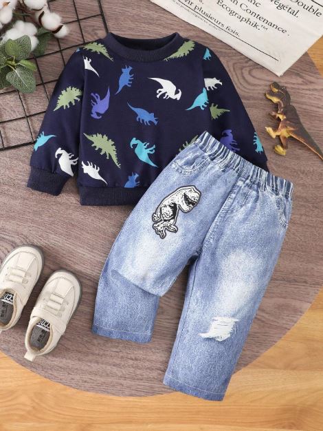 Kids Baby Boy Dinosaur Print Long Sleeve Top And Elastic-Waist Jeans-Style Pants