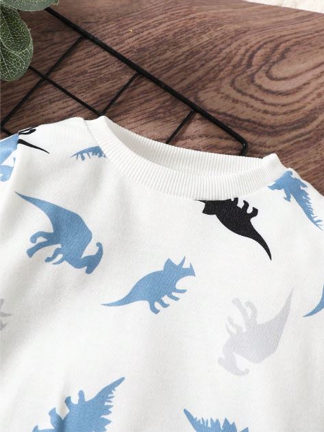 Kids Baby Boy Dinosaur Print Long Sleeve Top And Elastic-Waist Jeans-Style Pants