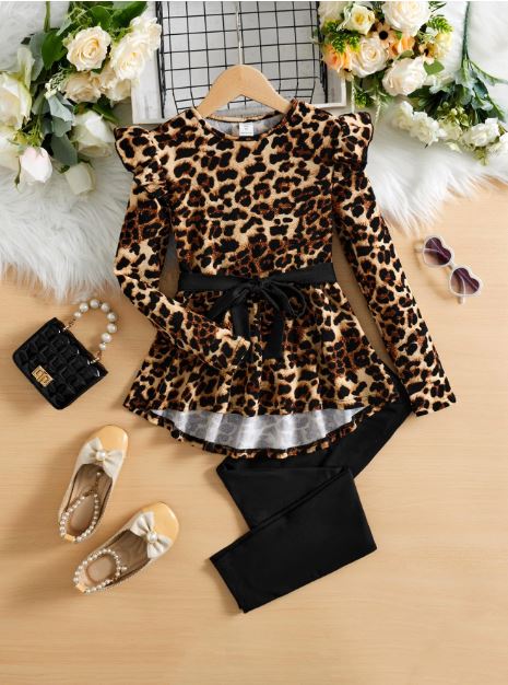 Tween Girl Leopard Print Ruffle Trim Belted Tee & Leggings- 2Pcs set