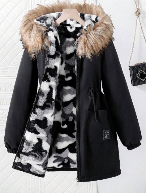 Camouflage Thermal Lined Zip Cinched Waist Hooded Jacket- Tween Girls