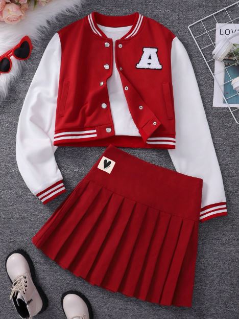 Baseball Jacket And Pleated Skirt Suit, Fashionable School Style- tween Girl