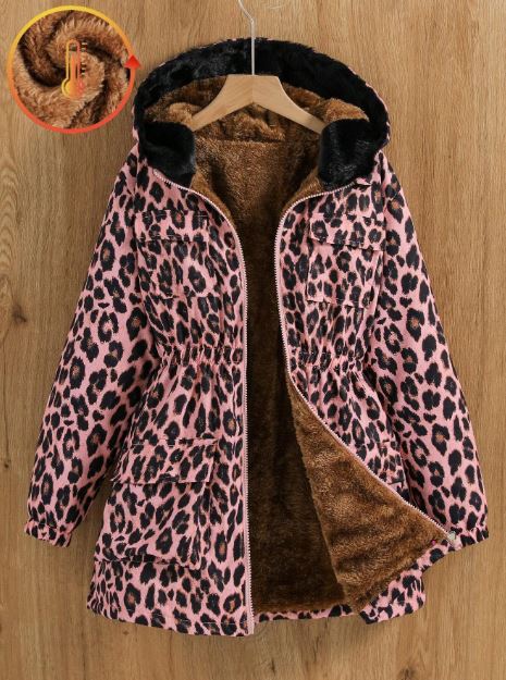 Leopard Print Hooded Thermal Lined Multi-Pocket Windbreaker Jacket- Tween Girl
