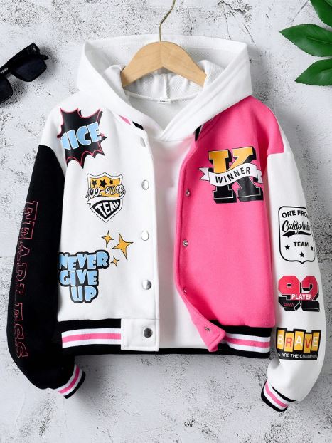 Short Cut Letter Print Spliced Jacket -Without Hoodie