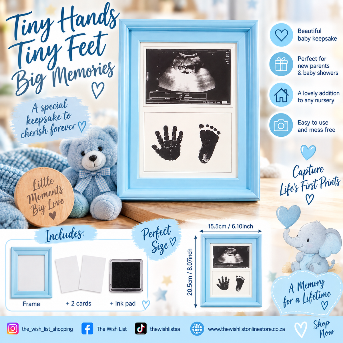 Baby Handprint Footprint Keepsake Photo Frame Tiny Hands, Tiny Feet, Big Memories.  - White