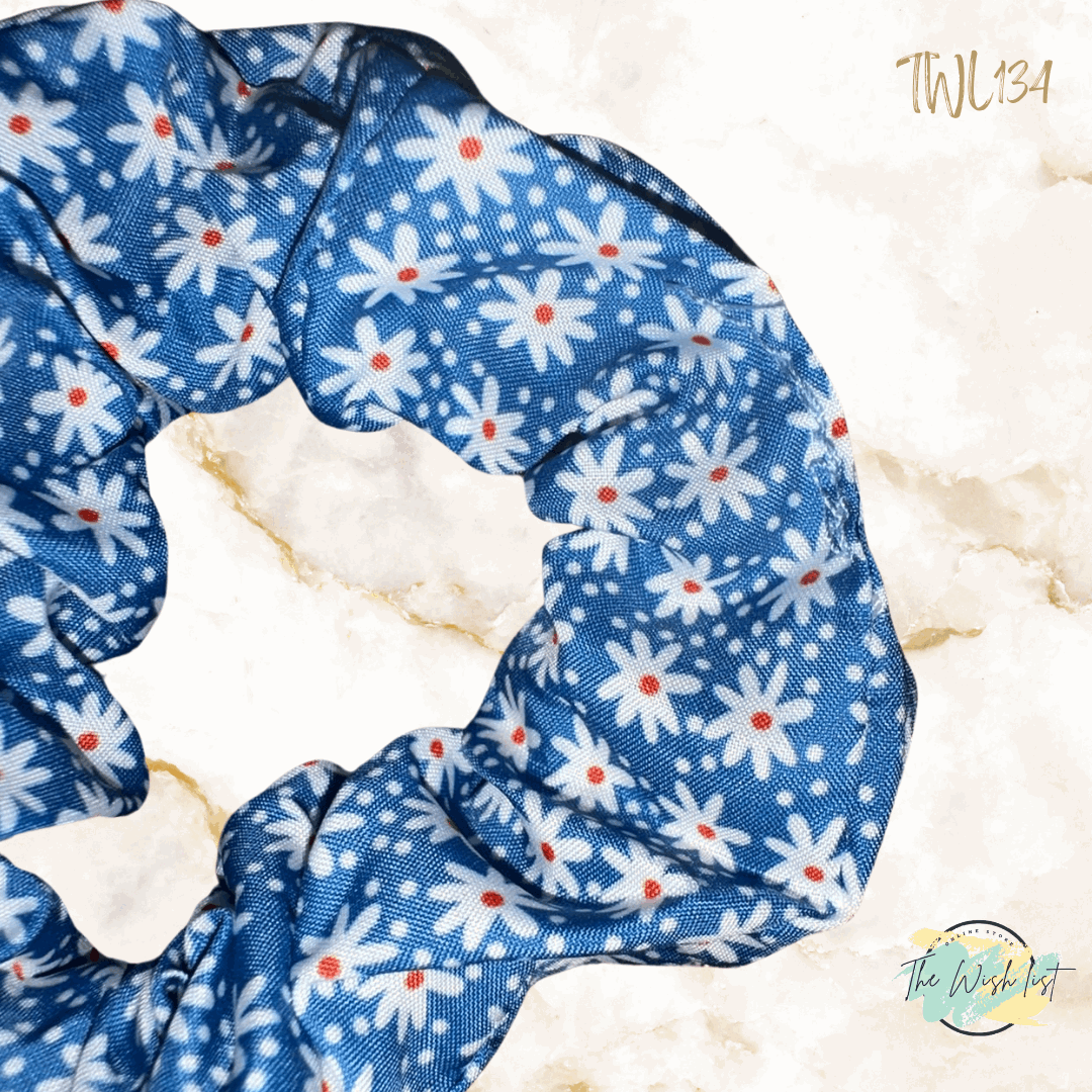 Blue and White Plaid & Floral Pattern Scrunchies