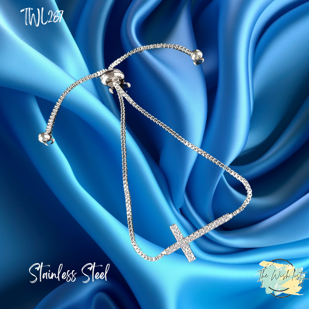 Cross Pendant Bracelet With Rhinestone For Women - Stainless Steel