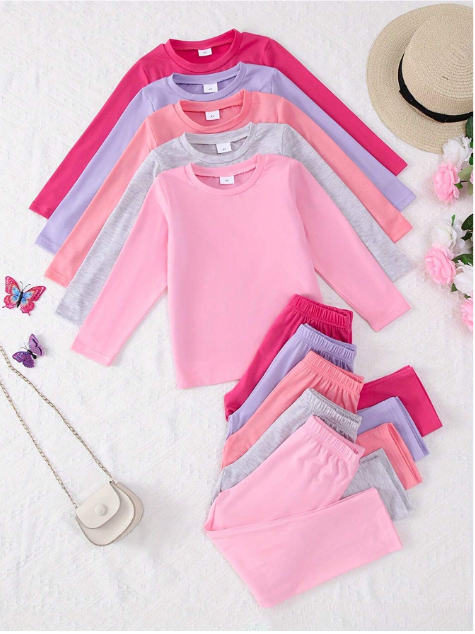10pcs/Set Young Girl Casual Solid Color Lightweight Soft Knit Fabric Long Sleeve T-Shirt And Pants 2 Pieces Outfit, Autumn/Winter