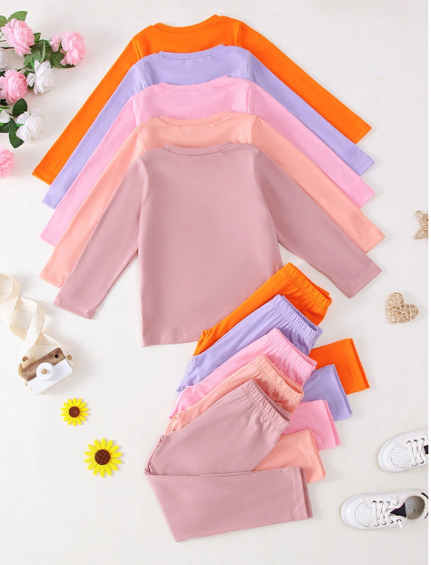 10pcs/Set Young Girl Casual Solid Color Lightweight Soft Knit Fabric Long Sleeve T-Shirt And Pants 2 Pieces Outfit, Autumn/Winter