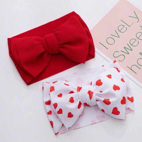2pcs/Set Valentine'S Day Style Handmade Large Bow Hair Accessories For Kids, Red Print Baby Girl Fabric Headbands